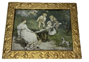 Antique Victorian Gold Gesso Leaf Wood Picture Frame w/ Chromolithograph - Picture 1 of 4