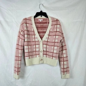 LC Lauren Conrad Womens Pink Ivory Plaid Fuzzy Preppy Cropped Button Cardigan XS - Picture 1 of 8