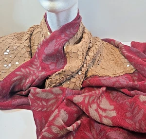 Saldarini Large Wool Shawl Scarf Stole Red Floral Pattern Beige Italy 74" X 37" - Picture 1 of 8