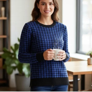 Suéter APT 9 Mujer Pequeño Cremallera Acento Pullover Azul Negro Pata de Gallo Tejido - Imagen 1 de 9