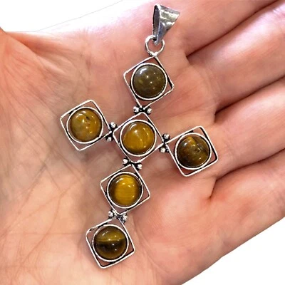 Tiger’s Eye Sterling Silver Plated Handmade Cross Fashion* Pendant w/30” Chain - Image 1 of 4