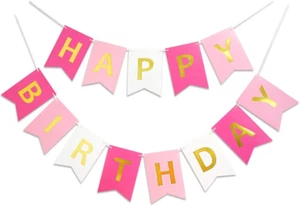 Pink Happy Birthday Banner Golden Sparkle for Girl Party Decor 13Pc Hanging Sign - Picture 1 of 12