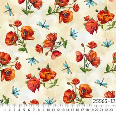 Charisma Poppies Cotton Quilt fabric Northcott 25563-12 Dragonfly Poppy on Teal - Image 1 of 4