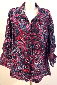 Blusa Top Mujer Catherines Azul Marino Rosa Estampado Paisley 3X Algodón Abotonada - Imagen 1 de 7