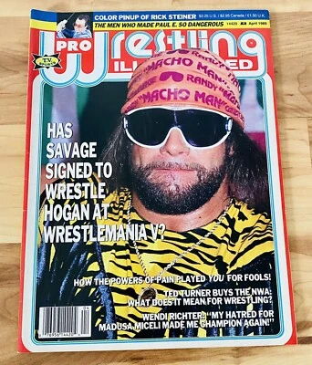 1989 Macho Man Pro Wrestling Illustrated Magazine April W/ Steiner Poster NM - Image 1 of 4