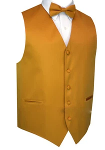 Men's Honey Gold Satin Tuxedo Vest Bow-Tie & Hankie Set. Formal, Wedding, Prom  - Picture 1 of 4