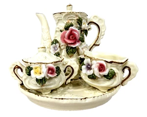 Ceramic Tea Set Miniature Teapot Creamer Sugar Bowl Tray 3D Floral Vintage - Picture 1 of 16