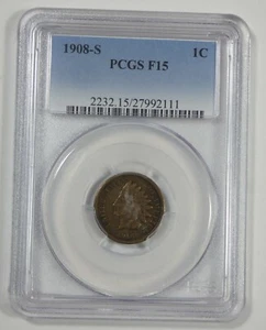 1908-S Indian Head/Oak Wreath w/Shield rev Cent CERTIFIED PCGS F 15 1c - Picture 1 of 4