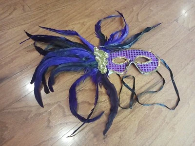 Vintage 1990s MARDI GRAS MASK From New Orleans With Black & Purple Feathers - Image 1 of 4