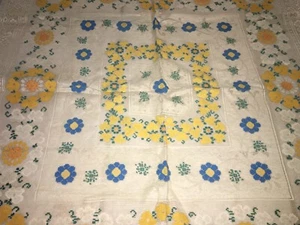 vintage ivory yellow blue white orange painted lace tablecloth square 34x34 - Picture 1 of 6