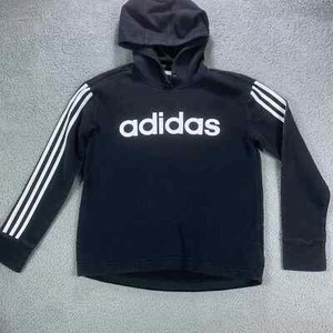 Adidas Sweatshirt Small Kids Black Fleece Hoodie Spell Out Logo 3 Stripe - Picture 1 of 15