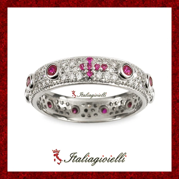 Prezioso Anello Rosario Brillante con Rubini in Argento 925 Rodiato Oro Bianco - Immagine 1 di 4