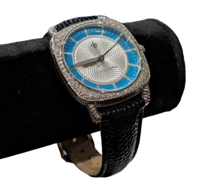 Часы Judith Ripka CZ бирюзовые черная кожа подушка 5-1/5 дюйма - 7-1/2 дюйма серебристые - Изображение 1 из 4
