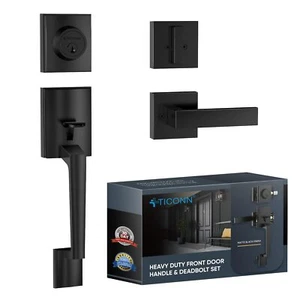 Front Door Handle Set Heavy Duty Square Door Lever & Single Cylinder Deadbolt Co - Picture 1 of 7