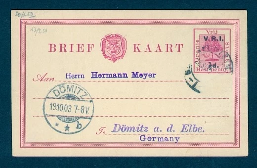 ORANGE FREE STATE H&G #26 OVPT 1910 TO GERMANY - Image 1 of 1