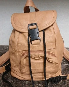 VTG 80's Leather Drawstring Backpack Convertible Bag-Beige Leather-10x8x5 - Picture 1 of 8