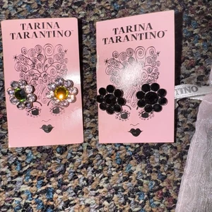2- Tarina Tarantino Earrings  Flower Large Crystal Deep Red/black & Pink/aurora - Picture 1 of 3