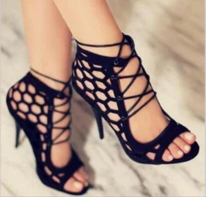 Damen Peeptoe Pumps Sandalen Knöchelriemen High Heels ausgehöhlt Party Club Schuhe - Bild 1 von 10