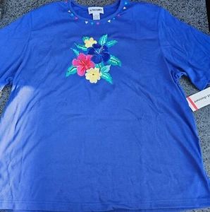 NUEVO CON ETIQUETAS Camisa Alfred Dunner Azul Real Vintage Floral Bordada XL Almohadillas para el Hombro - Imagen 1 de 7