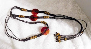 Vintage Wood & Amber Plastic Beaded Macrame Cord Belt 60" total length - Picture 1 of 5