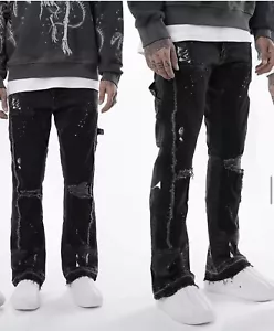 Stacked Cargo Jeans Men High Quality, Black , Painted, Acid Wash Size: 31 - Picture 1 of 8