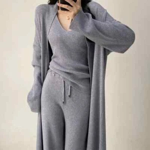 3-teiliges Set Damen Outfits Damen Weste + Langarm Strickjacken + Hose mit weitem Bein Set - Bild 1 von 26