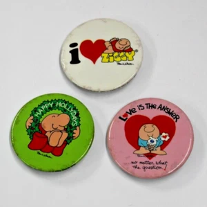 Lot of 3 Vintage 1980s ZIGGY Pin Back Buttons Happy Holidays Love is the Answer - Picture 1 of 5