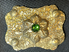 Antique Victorian Art Nouveau Floral Brass & green Glass sash brooch pin C Clasp