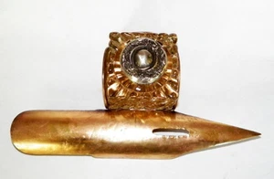 VINTAGE EDWARDIAN UNIQUE 'QUILL TIP' INKWELL BRASS & STERLING - Picture 1 of 5