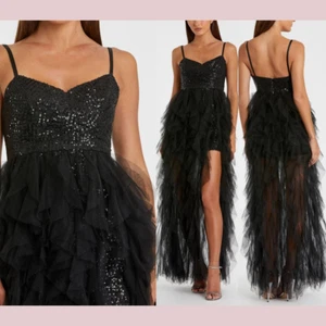 Mac Duggal schwarz Pailletten A-Linie High Low Tüll Rüschen Kleid Größe 4 - Bild 1 von 4