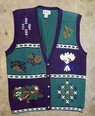 De Colección Koret Otoño Suéter Chaleco Bellotas Árbol Trigo Cottagecore L Verde Crema Púrpura Foto 1 de 4