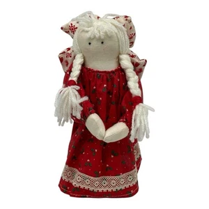 Vestido rojo vintage hecho a mano Angel Tree Topper hilo blanco pelo tela alas - Imagen 1 de 8
