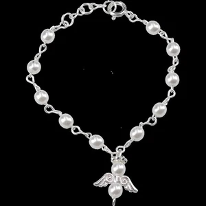 Pulsera para niños con ángel de la guarda y perla de cera blanca. regalo bautizo - Imagen 1 de 2