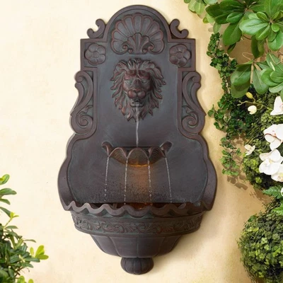 Lion Head Rustic 2 Tier Outdoor Wall Water Fountain LED Light 31 1/2" for Yard - Image 1 of 4