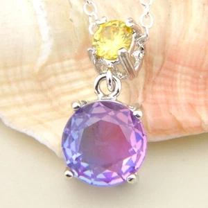 Classic Round Cut Purple Mystic Tourmaline Citrine Gem Silver Pendants Necklaces - Picture 1 of 4