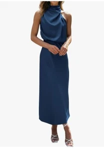 Elegantes Damen Marine Satin Neckholder Midikleid Schlüsselloch Perlen Größe S Hochzeit - Bild 1 von 12