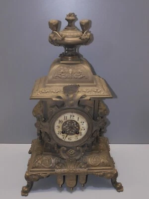 -ANCIENNE PENDULE BRONZE POIGNEES TETES de LION PIEDS GRIFFES MOUVEMENT JAPY  D - Photo 1/4