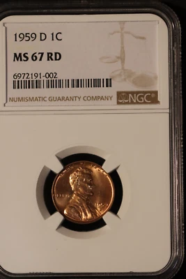 1959 D  LINCOLN MEMORIAL CENT- NGC MS67 RD  #002 STUNNER - Image 1 of 4