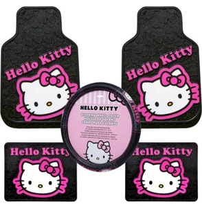 5 PC SET HELLO KITTY Car Truck Front Rear Rubber Floor Mats Steering Wheel Cover - Picture 1 of 12