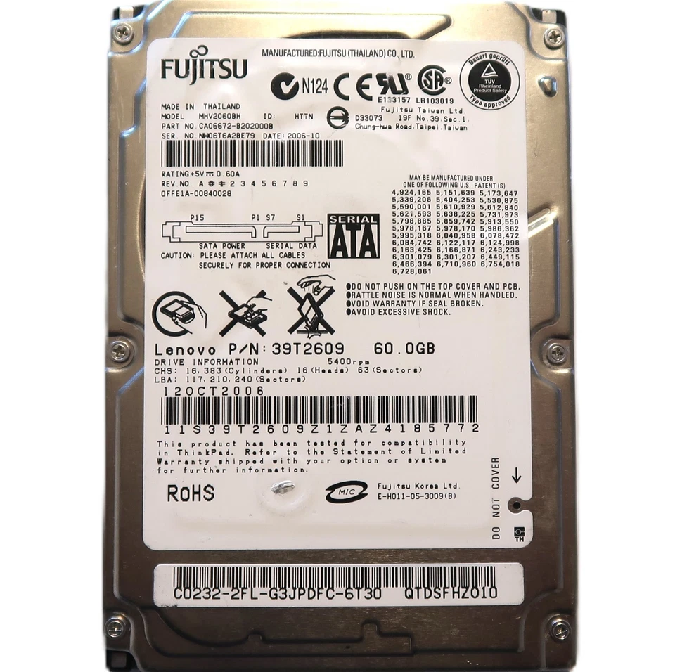Fujitsu MHV2060BH (CA06672-B202000B) 0FFE1A-00840028 60gb 2.5" Sata HDD 2006-10 - Image 1 of 1