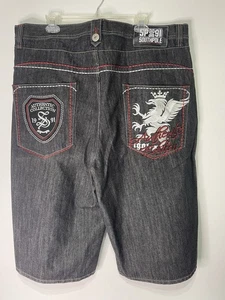 Southpole Long Baggy Jean Shorts Mens 42 Black Embroidered Bermuda Red Tab EUC - Picture 1 of 14