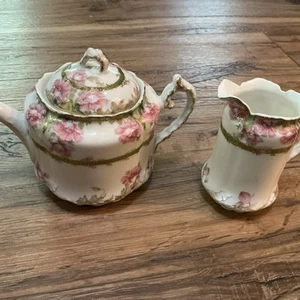 VNTG J & C Germany Maimalson Teapot & Creamer Pink Floral Scalloped Edge  8 1/2” - Picture 1 of 7