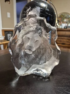 MATS JONASSON Etched Crystal Lion Figurine Paperweight Sculpture #3285 Signed LG - Picture 1 of 4