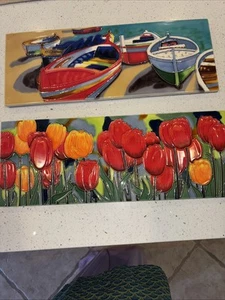 Bunte Tulpen & Boote handbemalte Keramikfliese Kunst mit Haken/Filzrücken - Bild 1 von 5