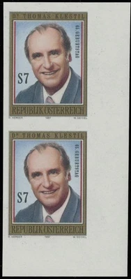 1997, AUSTRIA PRESIDENT KLESTIL, 7S CORNER MARGIN VERT IMPERF PAIR, NH, SC#1739 - Image 1 of 2