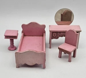 Vintage STROMBECKER Schlafzimmer Holz Puppenhaus Möbel Waschtisch Bett Nachttisch ROSA - Bild 1 von 23