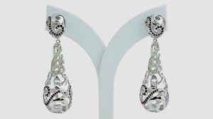 925 Sterling Silver Dangle Hoop Earrings Green Peridot Red Garnet Rhodium Plated - Picture 1 of 6