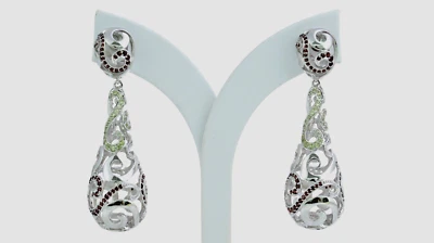 925 Sterling Silver Dangle Hoop Earrings Green Peridot Red Garnet Rhodium Plated - Image 1 of 4