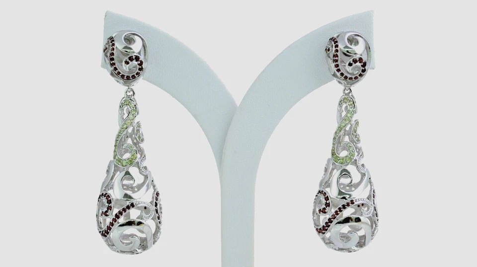 925 Sterling Silver Dangle Hoop Earrings Green Peridot Red Garnet Rhodium Plated - Image 1 of 4