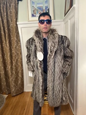 New 36" Long Mens Silver Fox Real Fur Jacket / Car Coat Size 38R Medium USA Gray - Image 1 of 4